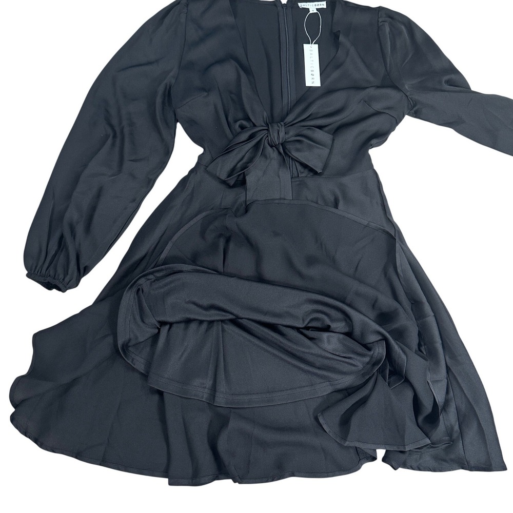 Baltic Born Woodbury Satin Mini Dress Black V-Neck Tie Front Long Sleeve Small - Picture 6 of 16